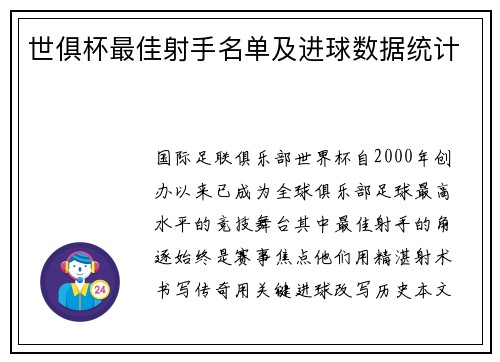 世俱杯最佳射手名单及进球数据统计