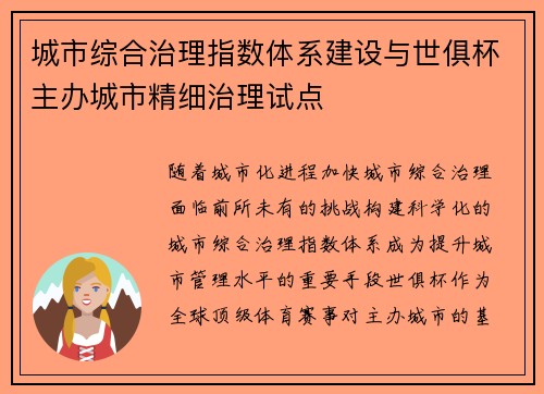 城市综合治理指数体系建设与世俱杯主办城市精细治理试点