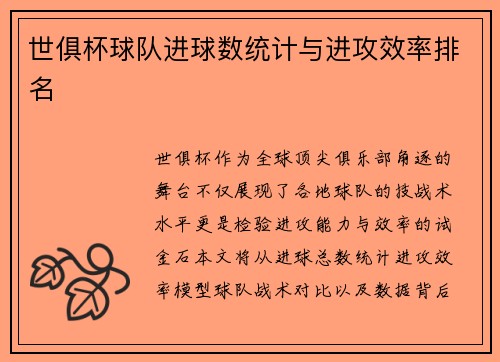 世俱杯球队进球数统计与进攻效率排名