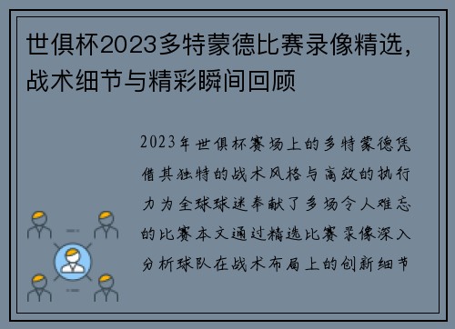 世俱杯2023多特蒙德比赛录像精选，战术细节与精彩瞬间回顾